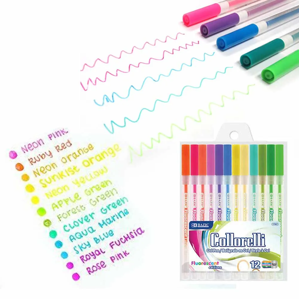 12Pc Gel Pens Bright Neon Colored Fluorescent Art School Sketch Drawing Coloring