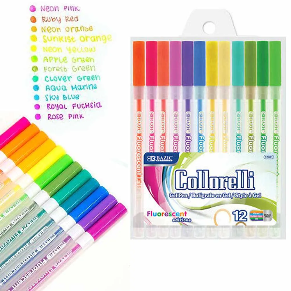 12Pc Gel Pens Bright Neon Colored Fluorescent Art School Sketch Drawing Coloring