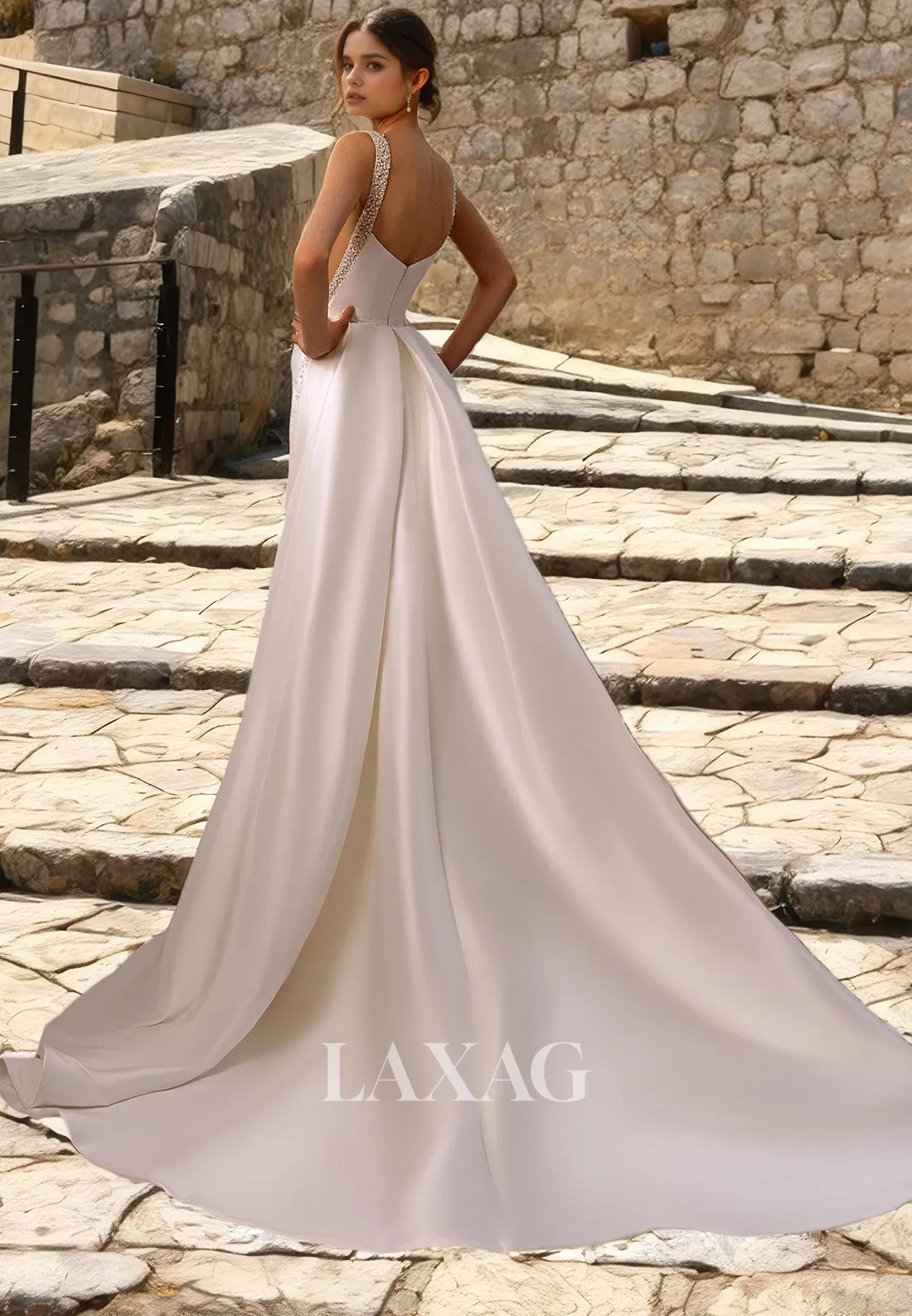 A-Line Square Sleek Satin Elegant Wedding Dress with Train