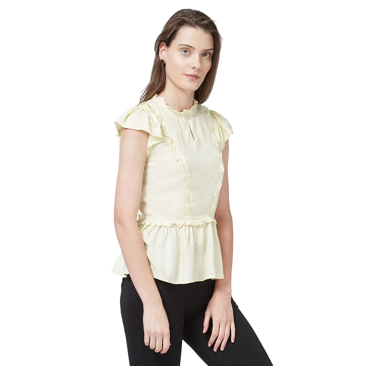 Beige High Neck Peplum Top