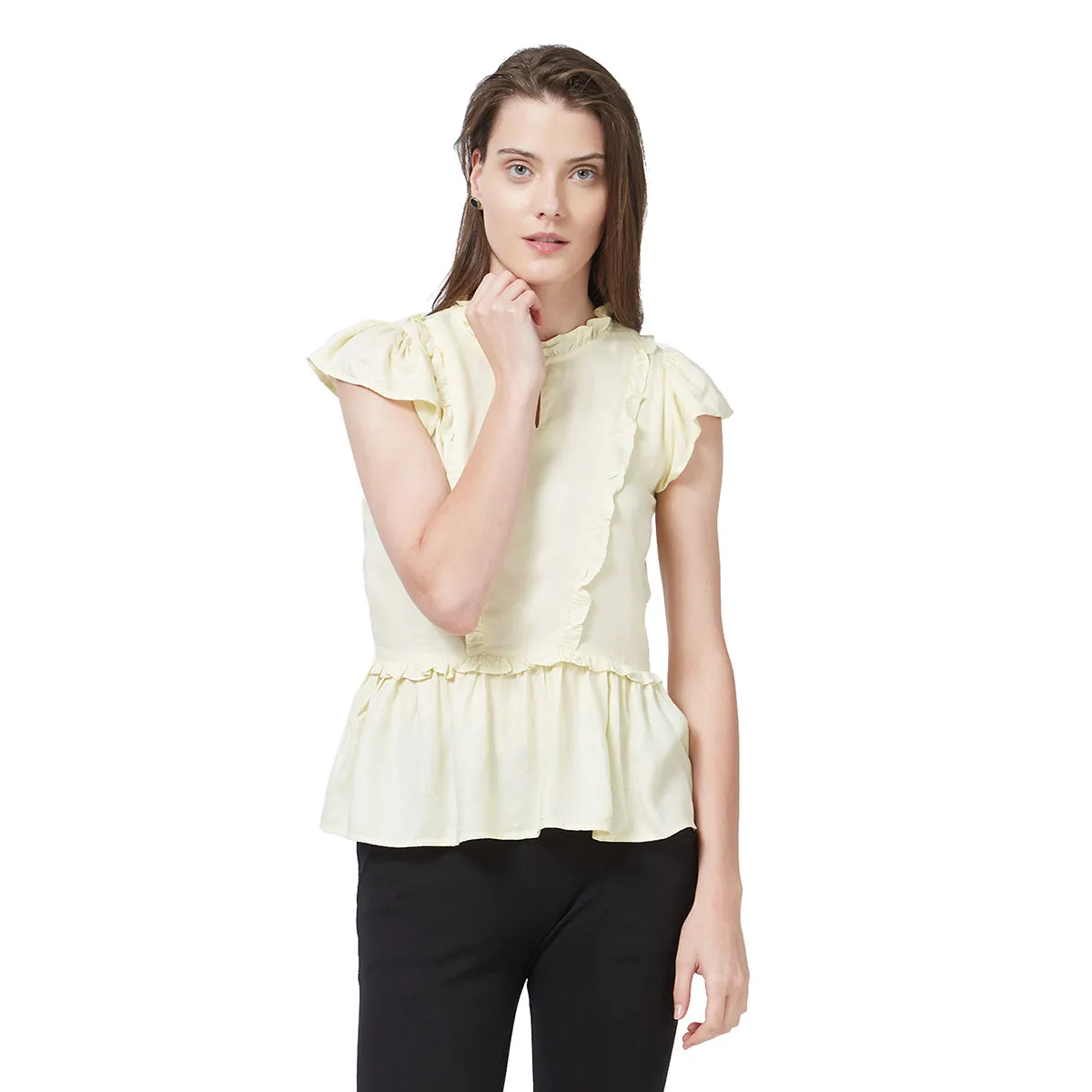 Beige High Neck Peplum Top
