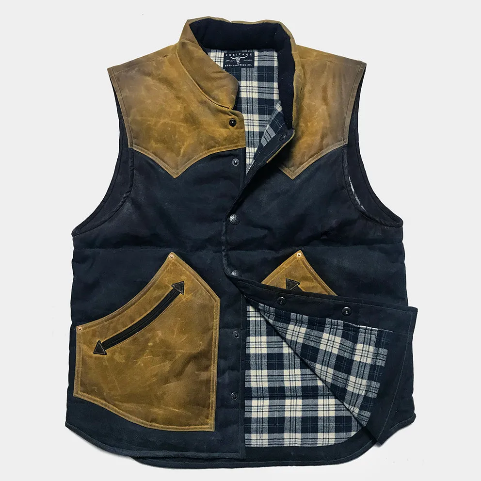 BZEN M.3009-CARLOS REGULAR FIT 4 POCKET 'CAN NEVER WASH' COLOR BLOCK WAX CANVAS QUILTED VEST-10OZ-NAVY/TAN