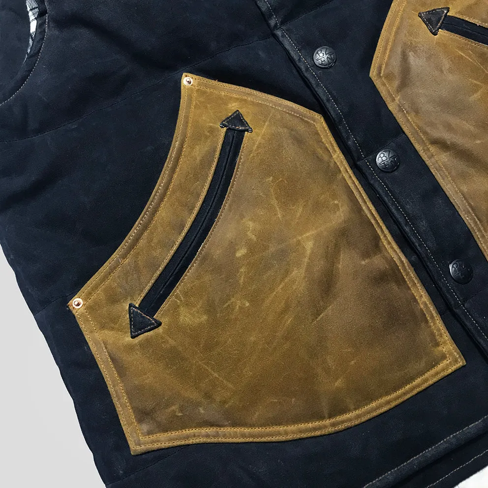 BZEN M.3009-CARLOS REGULAR FIT 4 POCKET 'CAN NEVER WASH' COLOR BLOCK WAX CANVAS QUILTED VEST-10OZ-NAVY/TAN