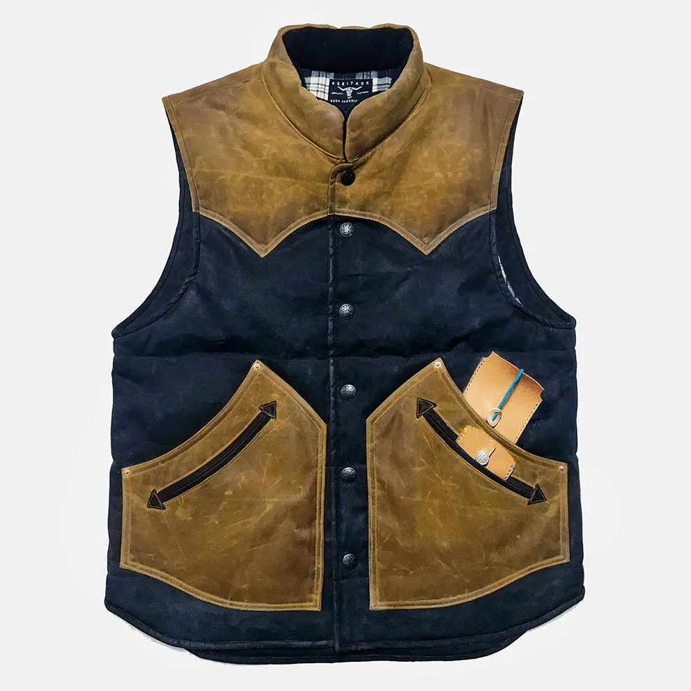 BZEN M.3009-CARLOS REGULAR FIT 4 POCKET 'CAN NEVER WASH' COLOR BLOCK WAX CANVAS QUILTED VEST-10OZ-NAVY/TAN