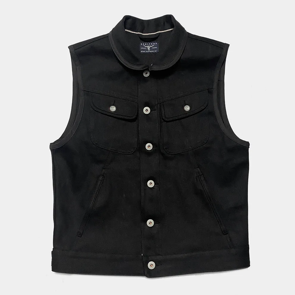 BZEN M.3018 SANTOS BB REGULAR FIT 4 POCKET BIKERS VEST BLACK SELVEDGE DENIM-13.8OZ-RAW