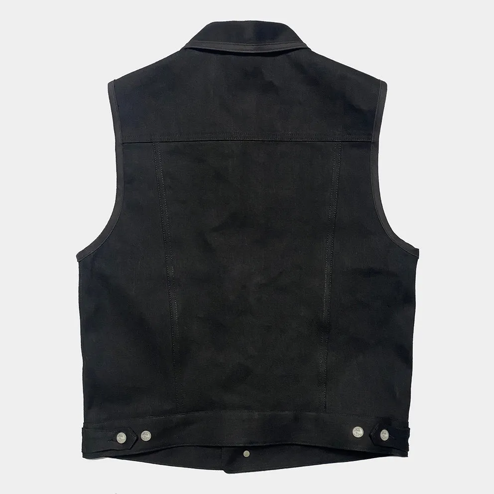BZEN M.3018 SANTOS BB REGULAR FIT 4 POCKET BIKERS VEST BLACK SELVEDGE DENIM-13.8OZ-RAW