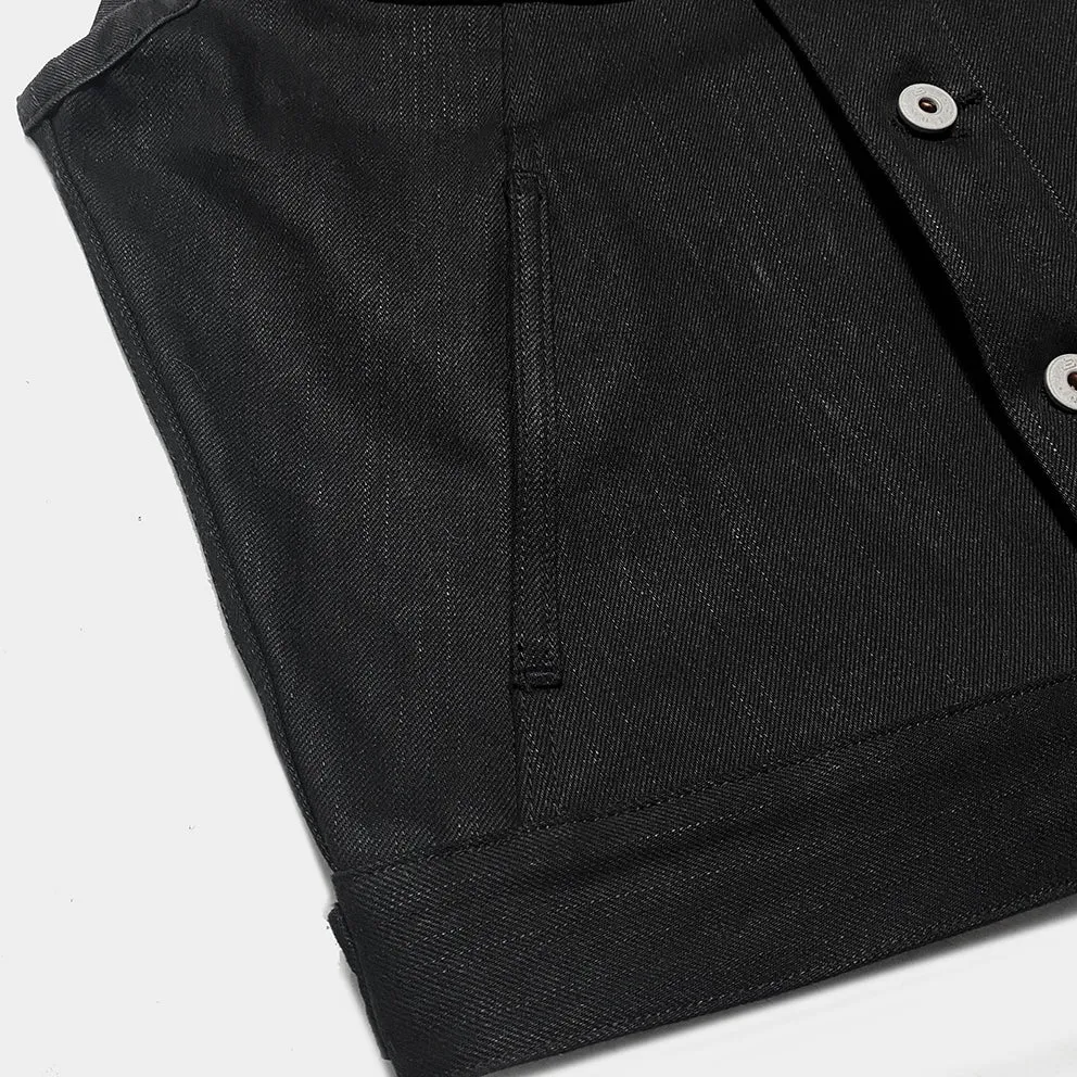 BZEN M.3018 SANTOS BB REGULAR FIT 4 POCKET BIKERS VEST BLACK SELVEDGE DENIM-13.8OZ-RAW