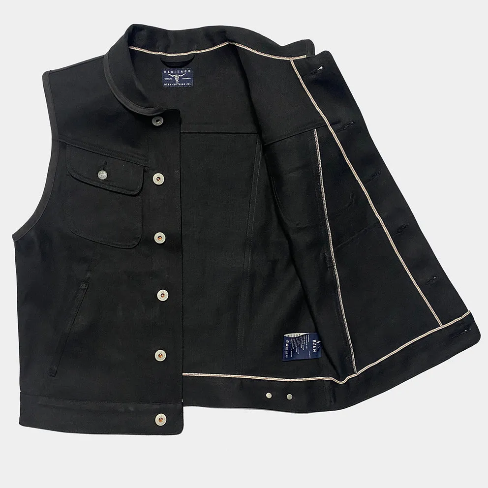 BZEN M.3018 SANTOS BB REGULAR FIT 4 POCKET BIKERS VEST BLACK SELVEDGE DENIM-13.8OZ-RAW