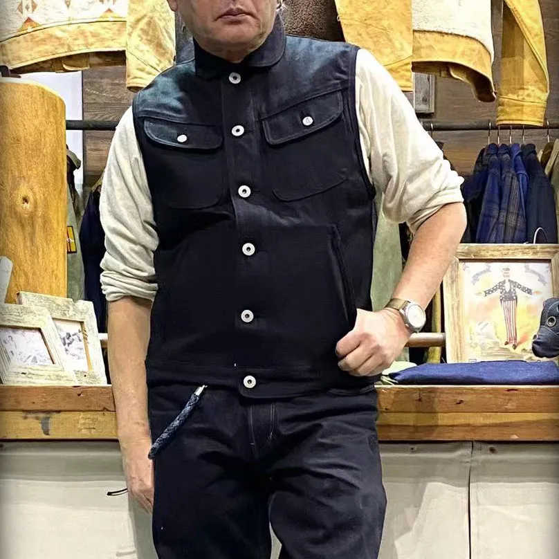 BZEN M.3018 SANTOS BB REGULAR FIT 4 POCKET BIKERS VEST BLACK SELVEDGE DENIM-13.8OZ-RAW