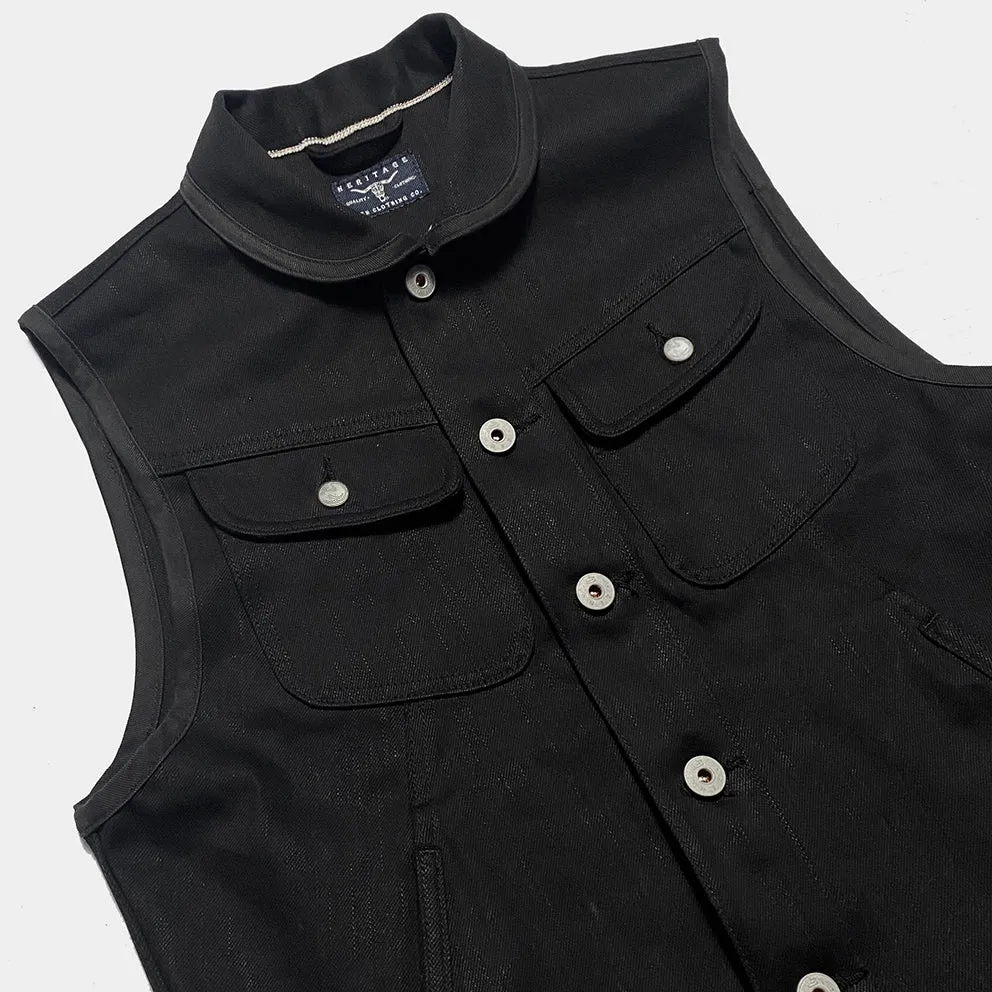BZEN M.3018 SANTOS BB REGULAR FIT 4 POCKET BIKERS VEST BLACK SELVEDGE DENIM-13.8OZ-RAW