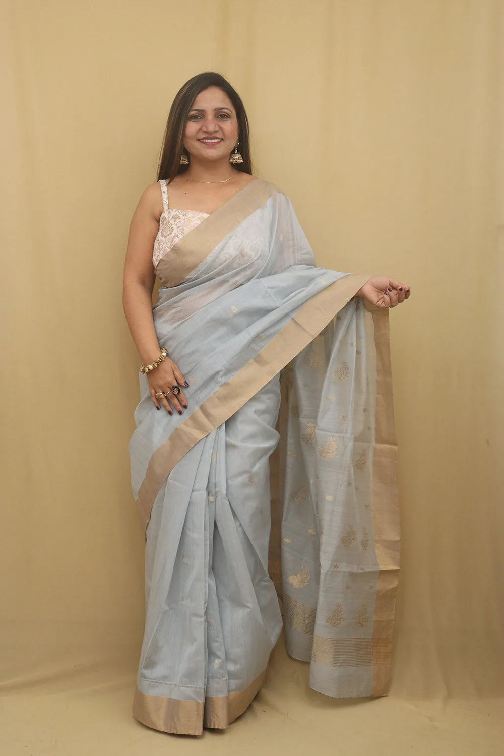 Elegant Grey Chanderi Handloom Cotton Silk Saree