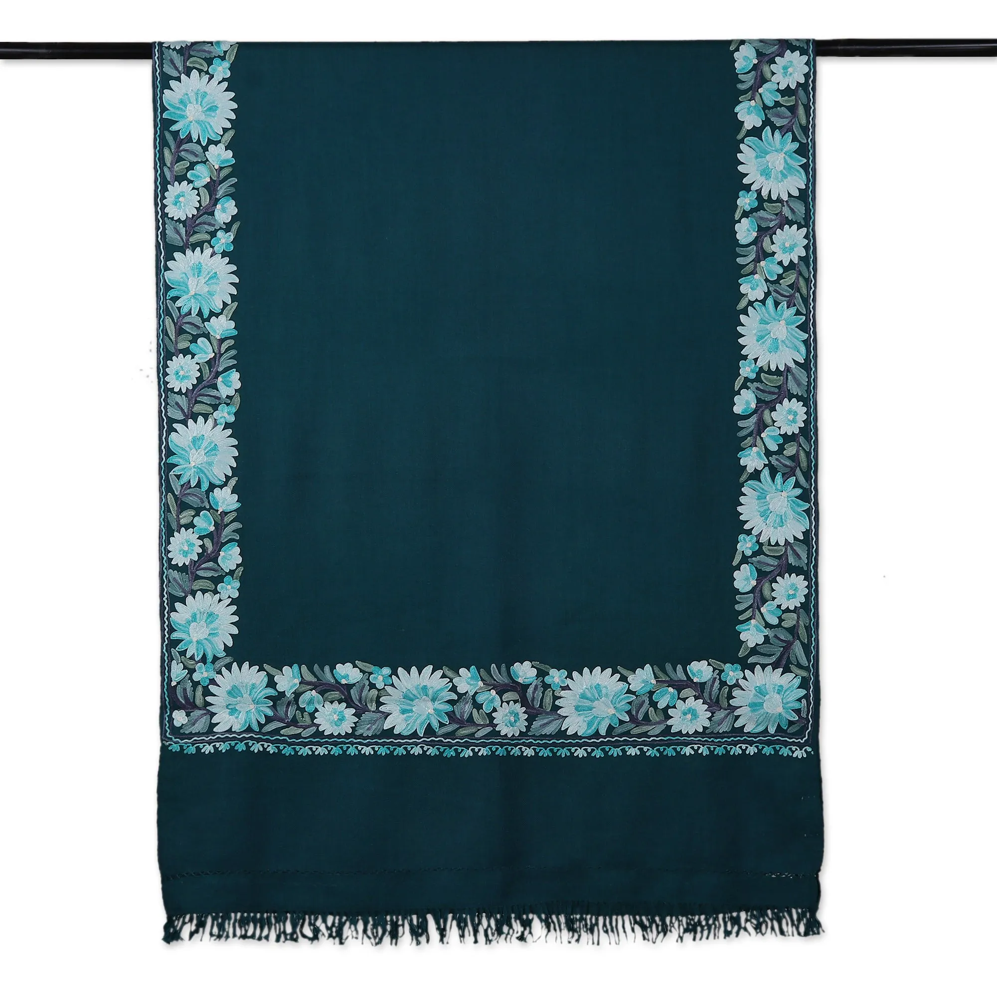 Floral Embroidered Wool and Rayon Shawl in Teal Hues - Teal Glory | NOVICA