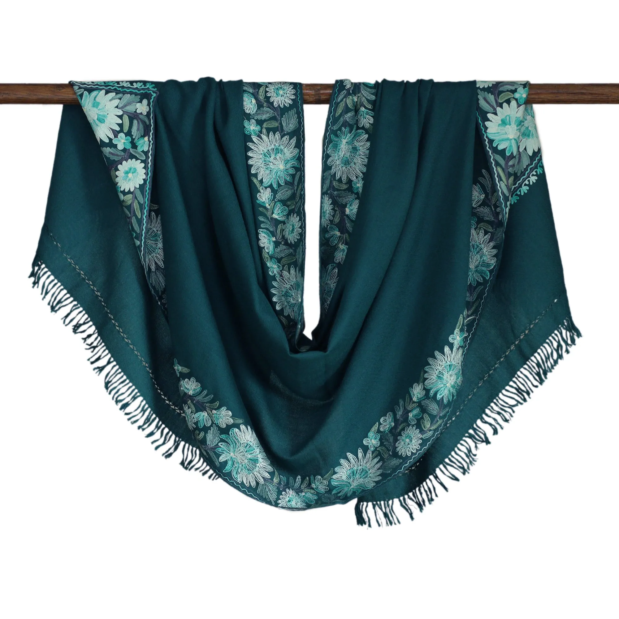 Floral Embroidered Wool and Rayon Shawl in Teal Hues - Teal Glory | NOVICA