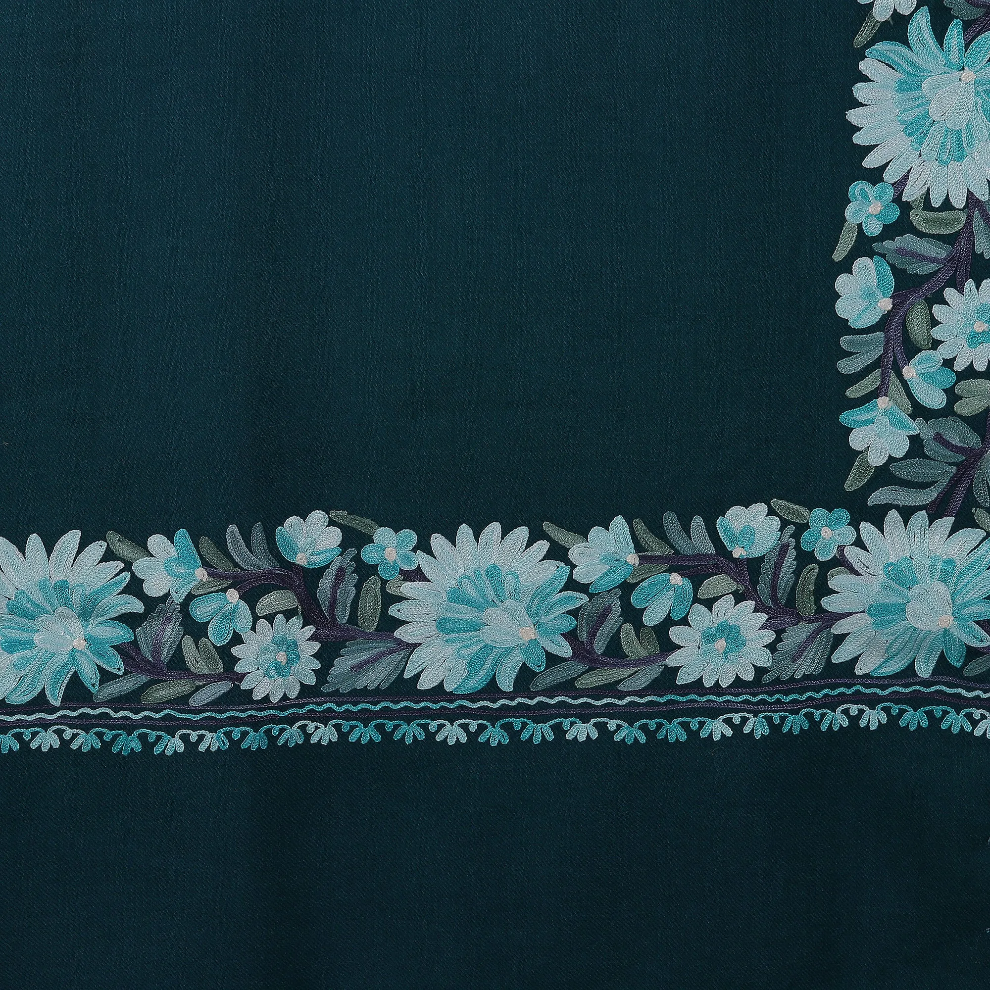 Floral Embroidered Wool and Rayon Shawl in Teal Hues - Teal Glory | NOVICA