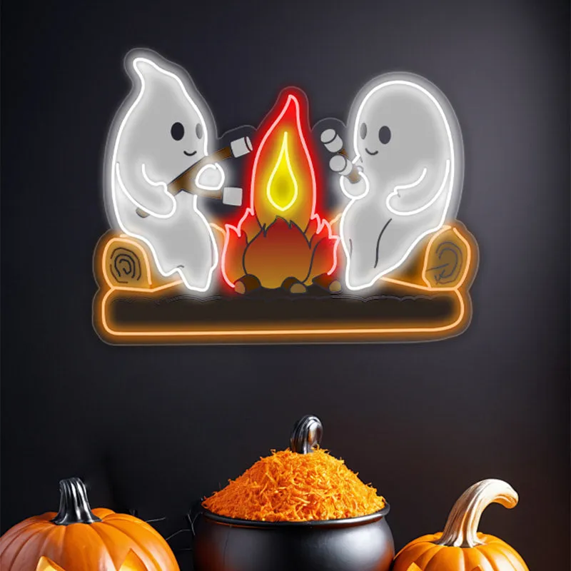Ghosts by the Campfire Neon Sign – Cozy and Playful Halloween LED Decor with Marshmallow Toasting Ghosts