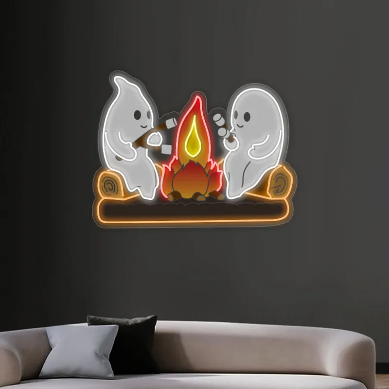 Ghosts by the Campfire Neon Sign – Cozy and Playful Halloween LED Decor with Marshmallow Toasting Ghosts