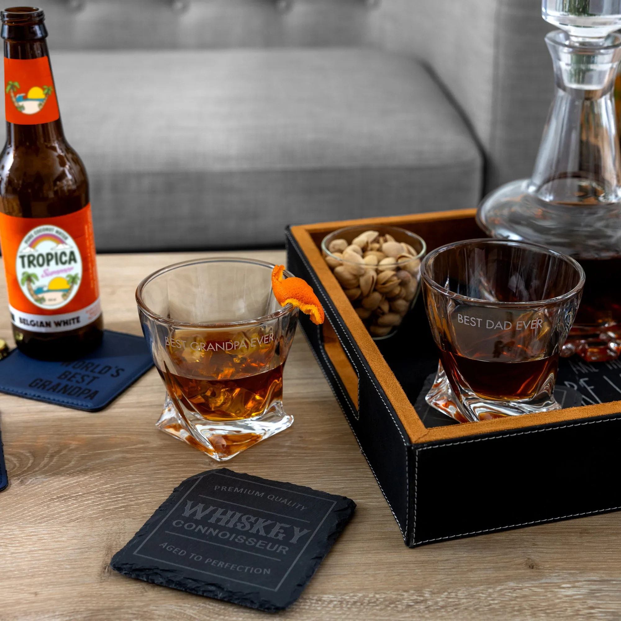 Grandpa Wooden Gift Box with Rocks Glass and Slate Coaster