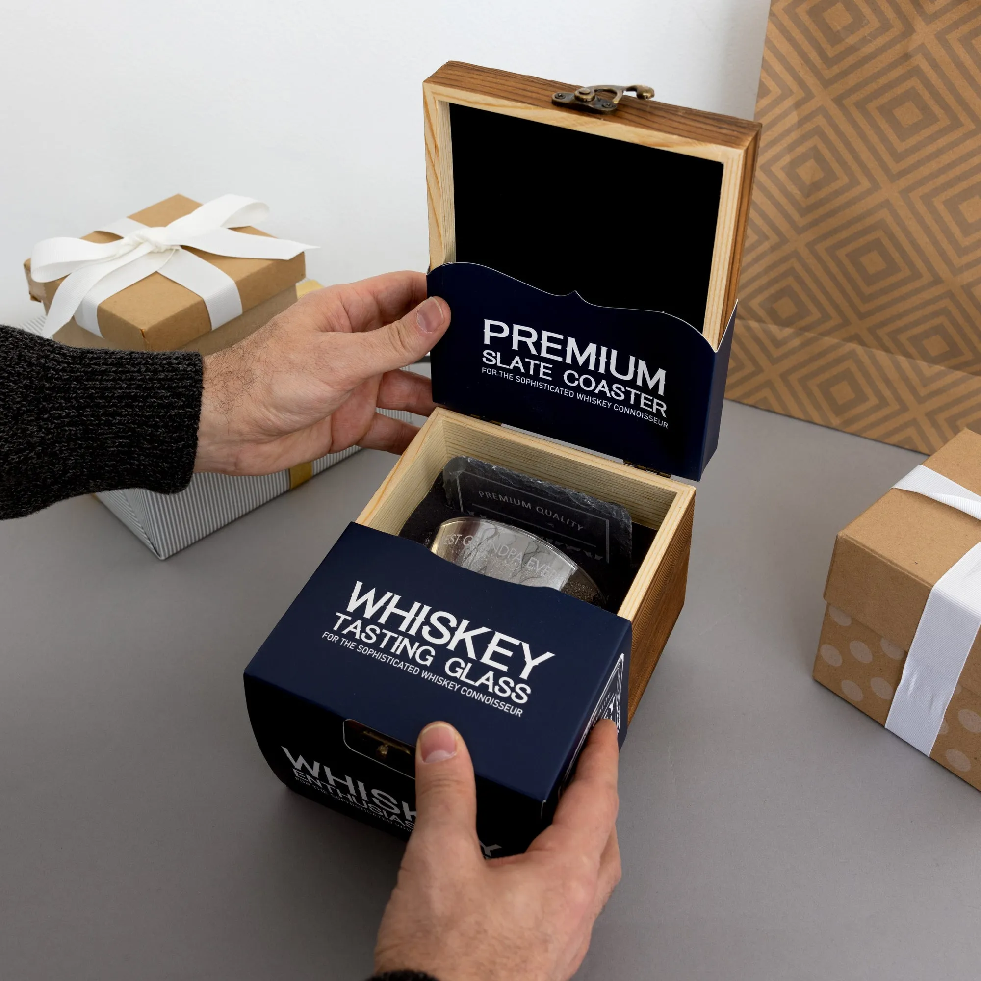 Grandpa Wooden Gift Box with Rocks Glass and Slate Coaster