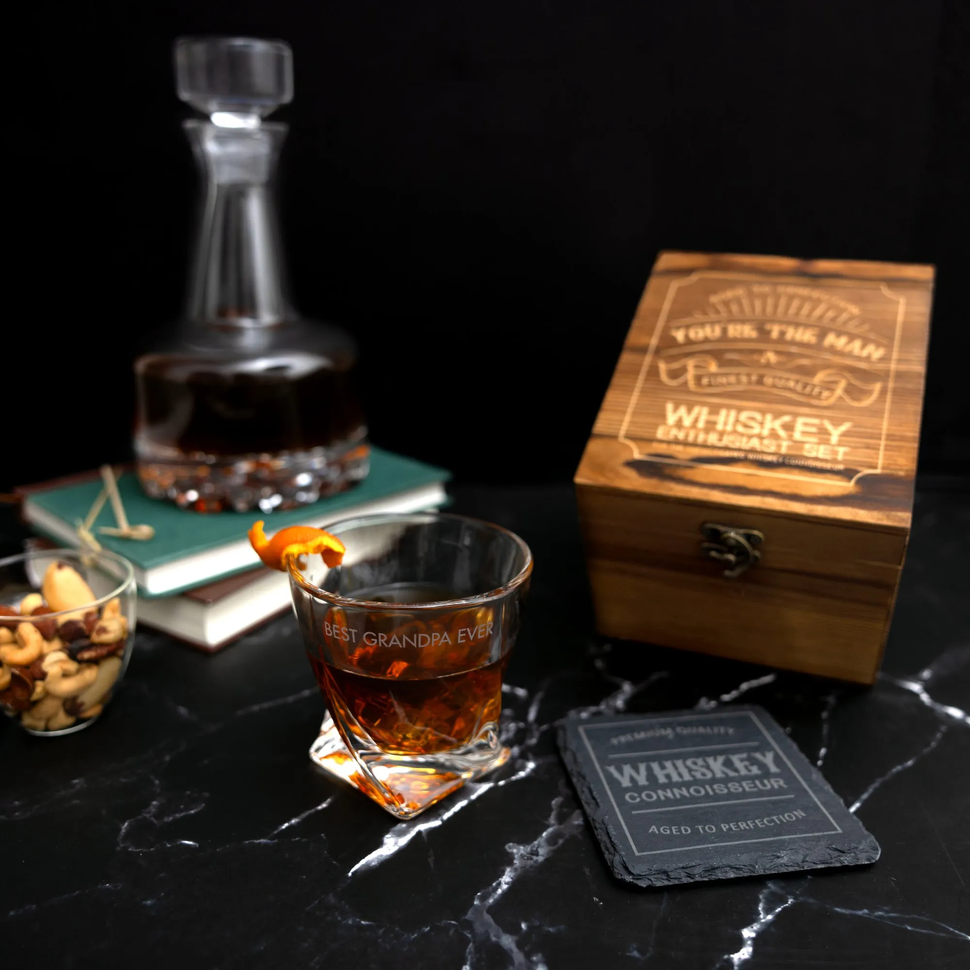 Grandpa Wooden Gift Box with Rocks Glass and Slate Coaster
