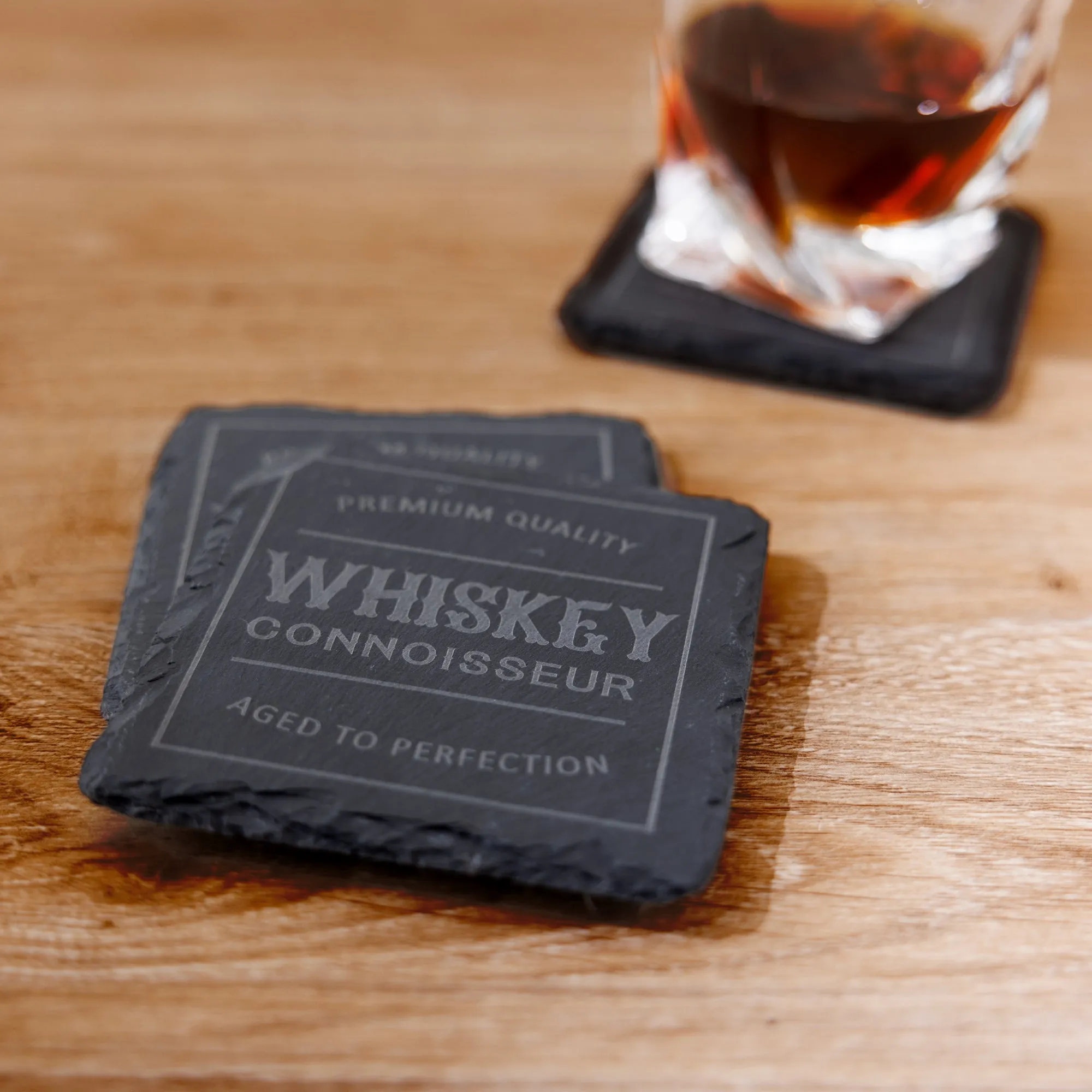 Grandpa Wooden Gift Box with Rocks Glass and Slate Coaster