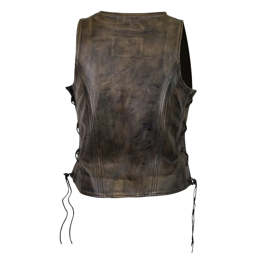HML1029DB Vance Leather High Mileage Ladies Distressed Brown Lace Side Vest