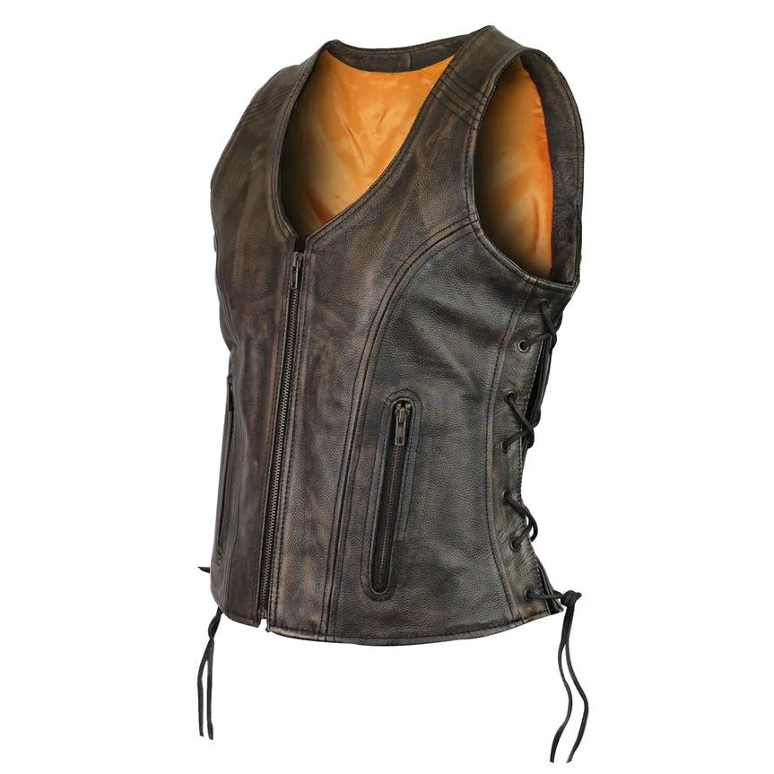HML1029DB Vance Leather High Mileage Ladies Distressed Brown Lace Side Vest