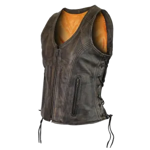 HML1029DB Vance Leather High Mileage Ladies Distressed Brown Lace Side Vest