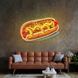 Hot Dog Neon Sign Fun Design with Mustard and Relish for Diners Cafes Kitchens