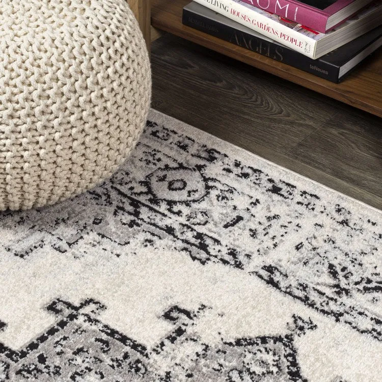 Inigo Cottage Medallion 120"L x 93"W Area Rug - Dark Gray/Cream