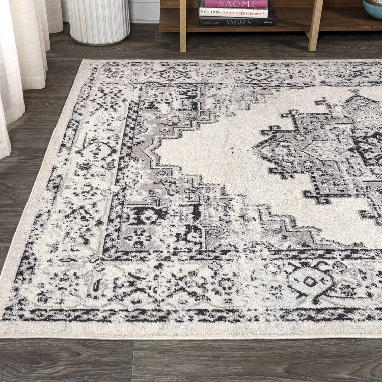 Inigo Cottage Medallion 120"L x 93"W Area Rug - Dark Gray/Cream
