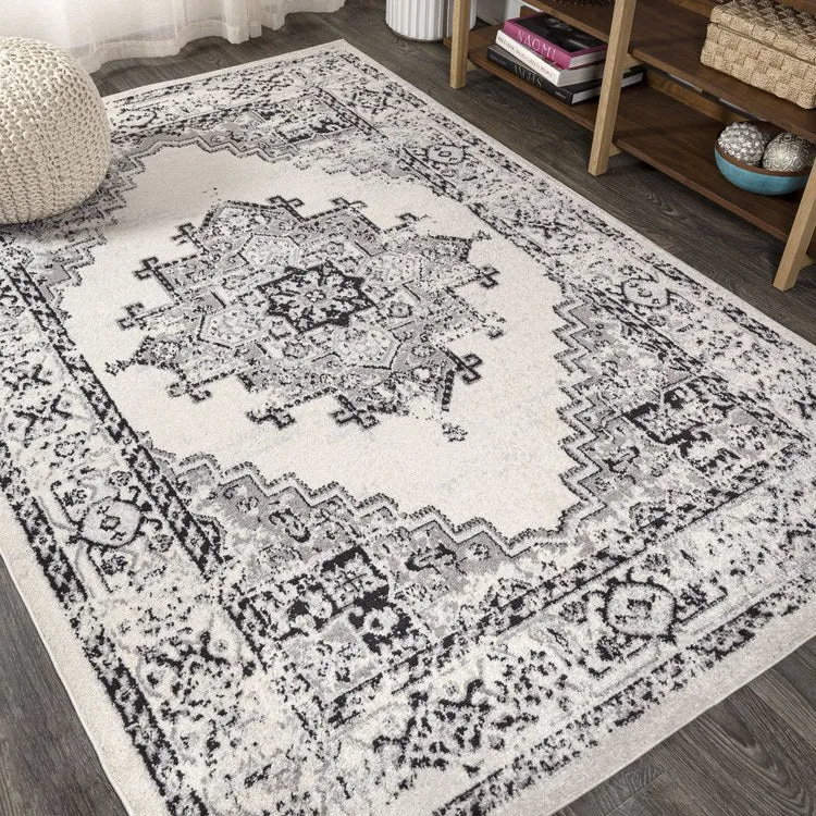 Inigo Cottage Medallion 120"L x 93"W Area Rug - Dark Gray/Cream