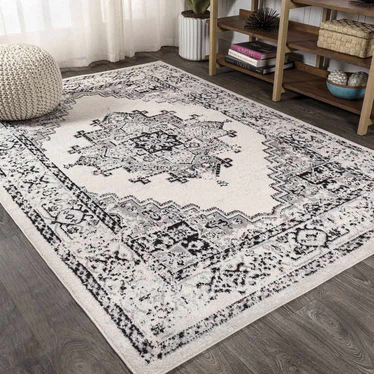 Inigo Cottage Medallion 120"L x 93"W Area Rug - Dark Gray/Cream