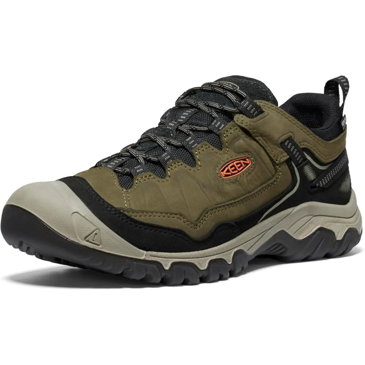 KEEN 1029003 Men's Targhee 4 Low Height Waterproof Hiking Shoes, 9.5 Wide, Dark Olive/Gold Flame