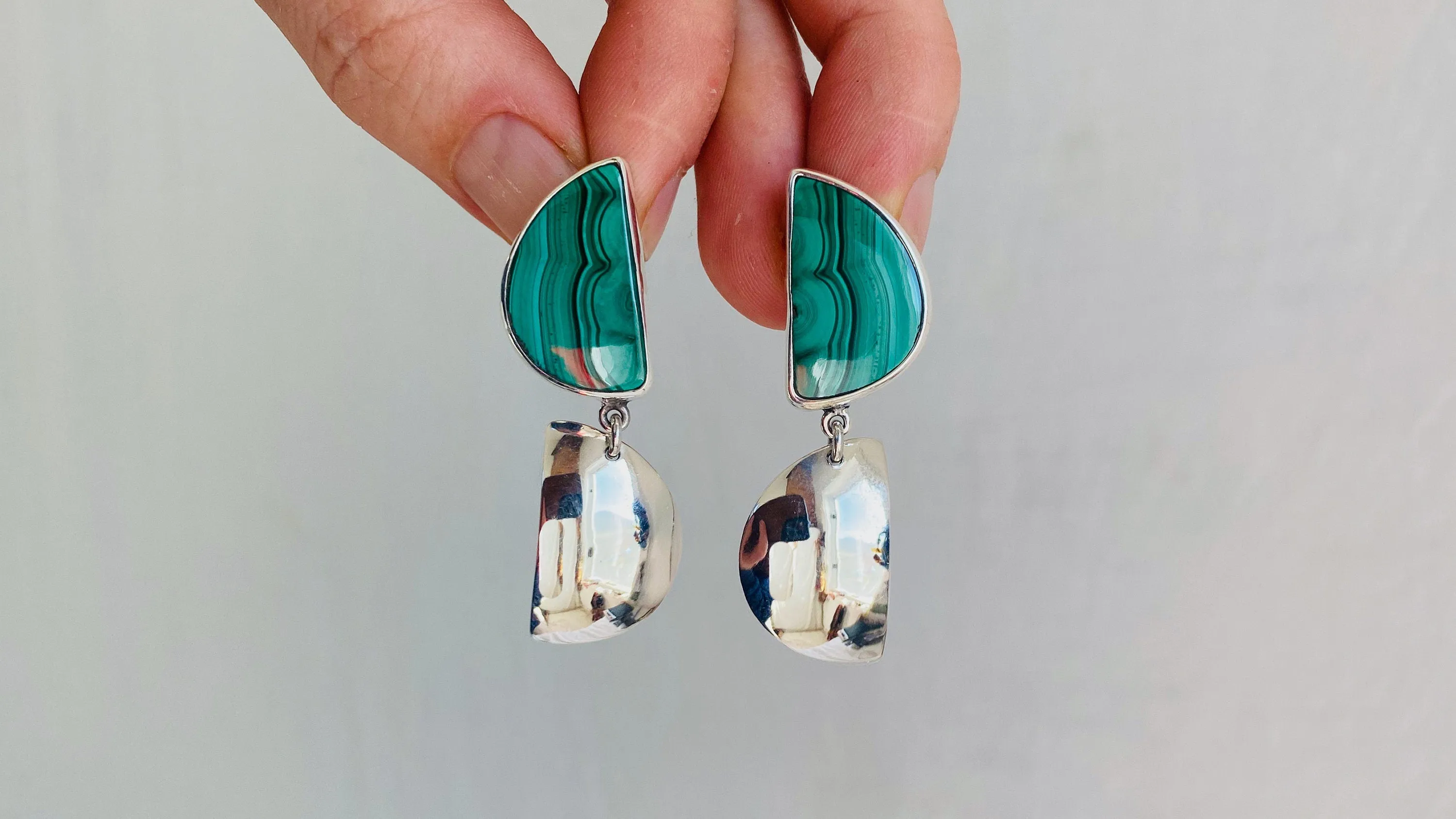 Malachite & Silver Drop Earrings. Sterling Silver. Atelier Aadya.