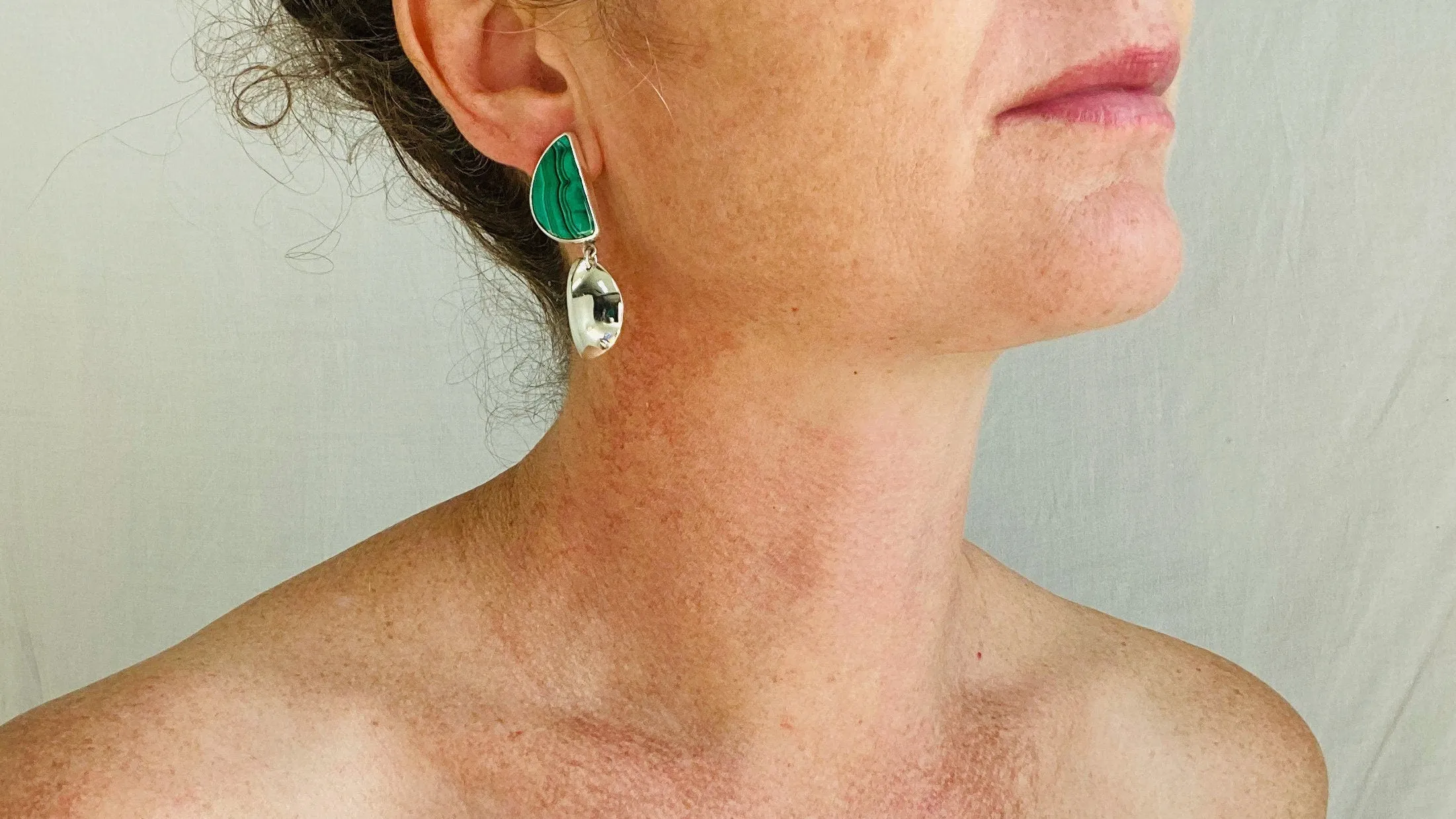 Malachite & Silver Drop Earrings. Sterling Silver. Atelier Aadya.