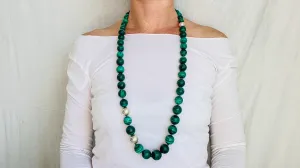 Malachite Long Necklace. Graduated Spheres Beaded Necklace. 0765
