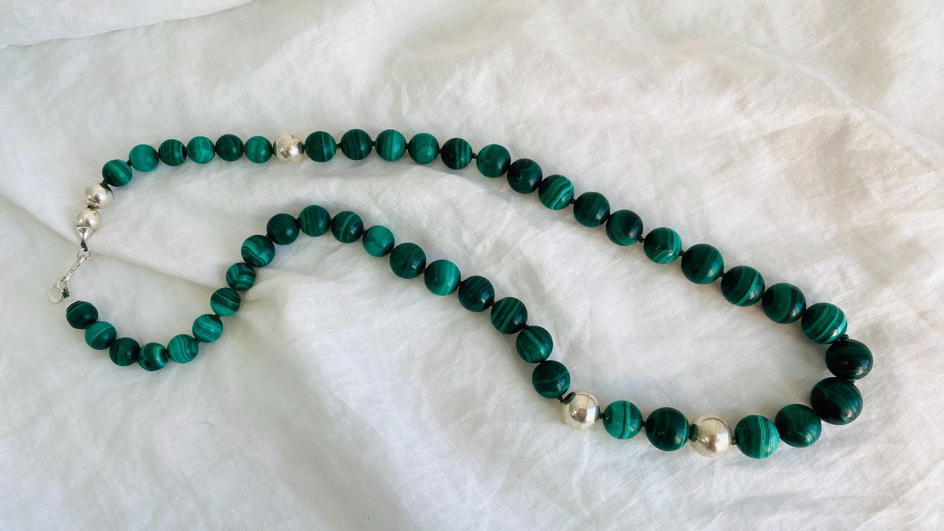 Malachite Long Necklace. Graduated Spheres Beaded Necklace. 0765