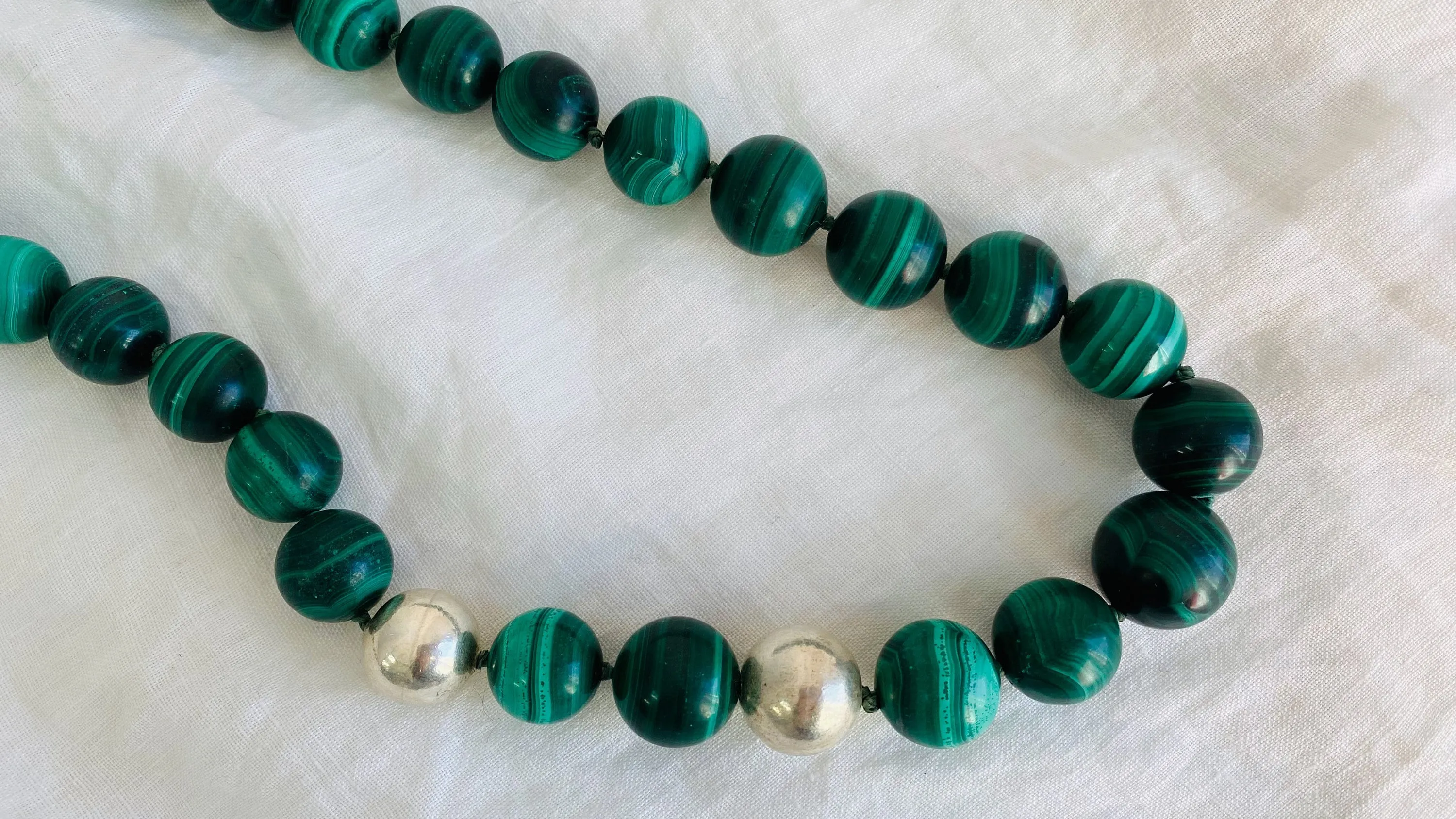 Malachite Long Necklace. Graduated Spheres Beaded Necklace. 0765