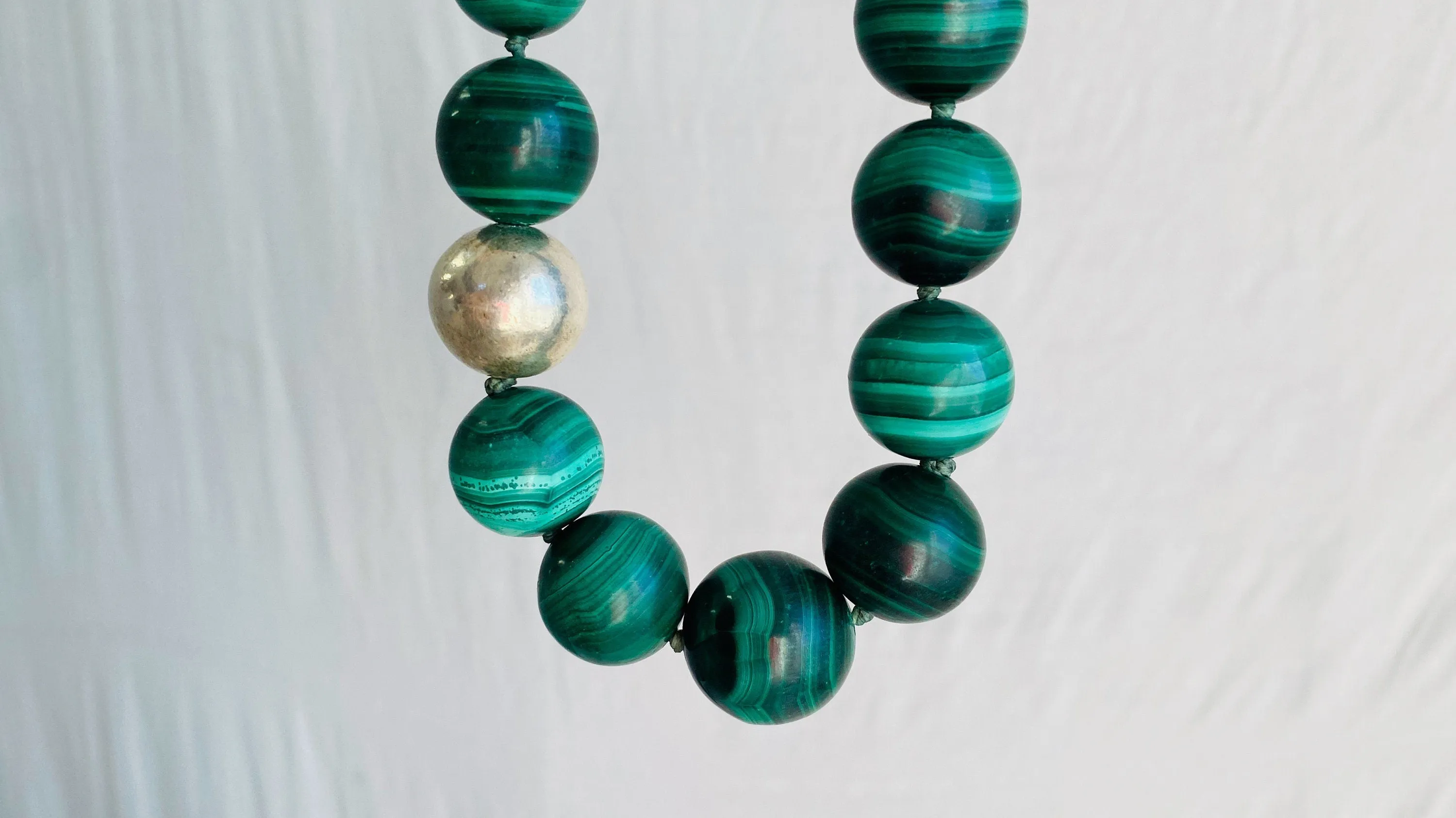 Malachite Long Necklace. Graduated Spheres Beaded Necklace. 0765