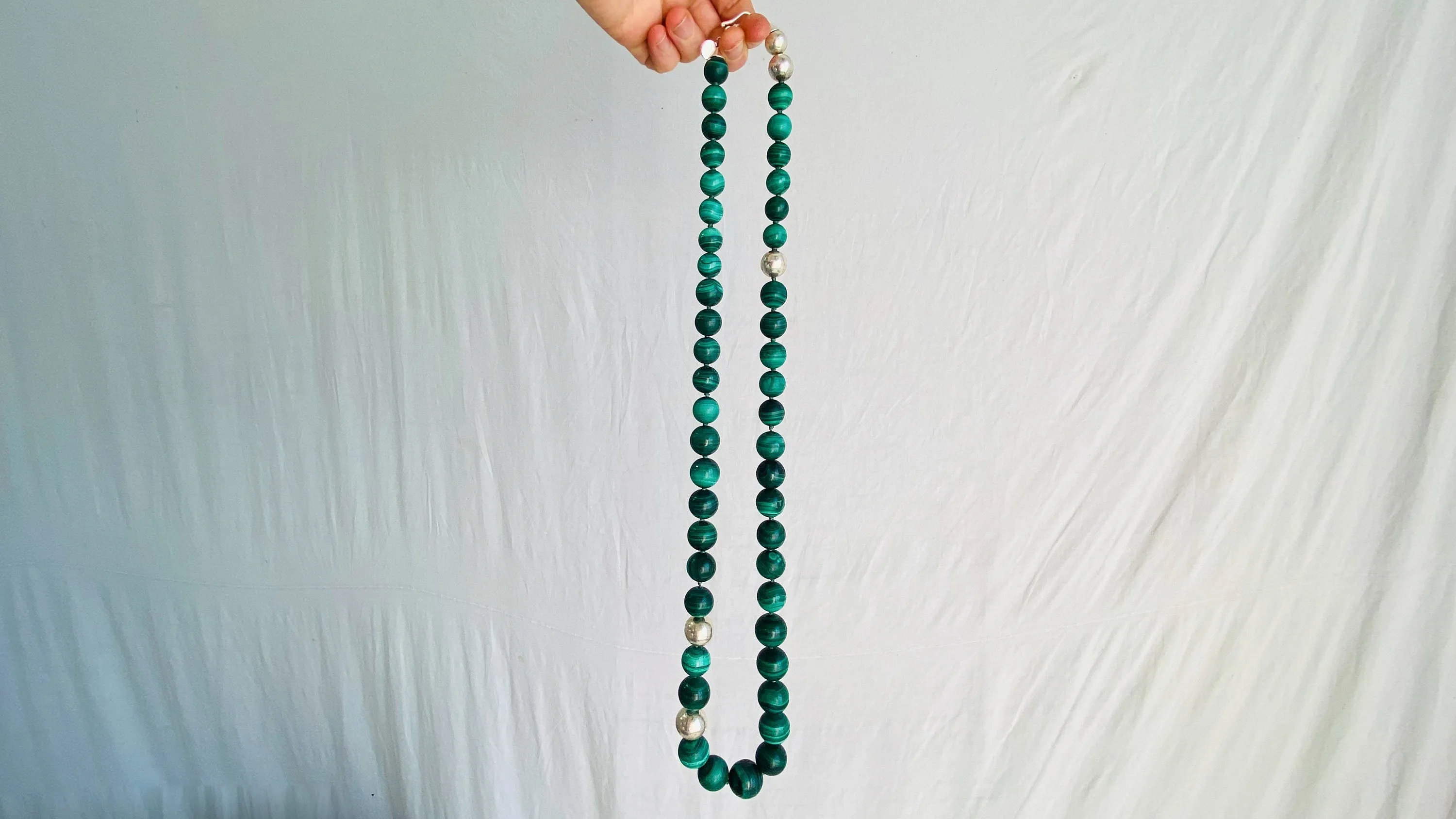 Malachite Long Necklace. Graduated Spheres Beaded Necklace. 0765
