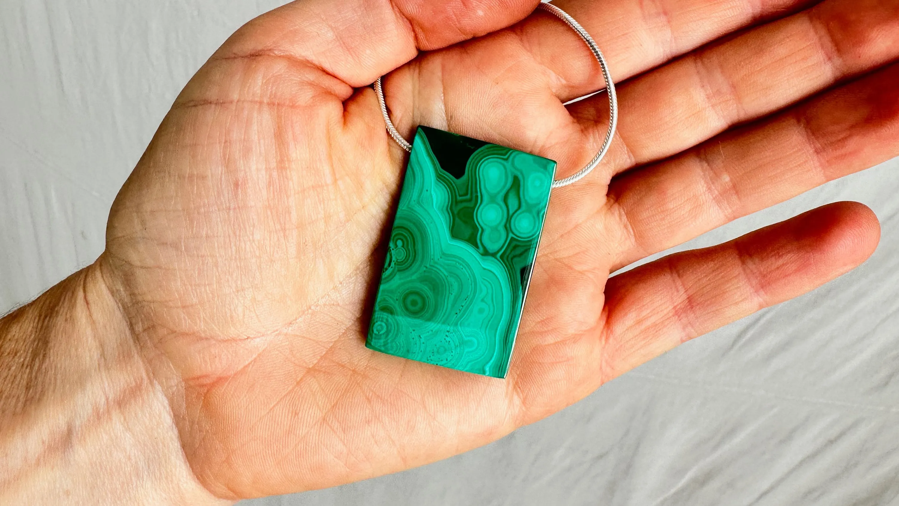 Malachite Pendant on a Silver Snake Chain. 0317.