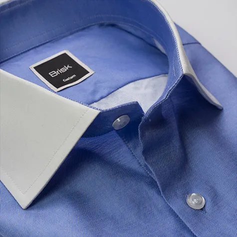 Mid Blue High Collar Shirt - Hidden Button Down