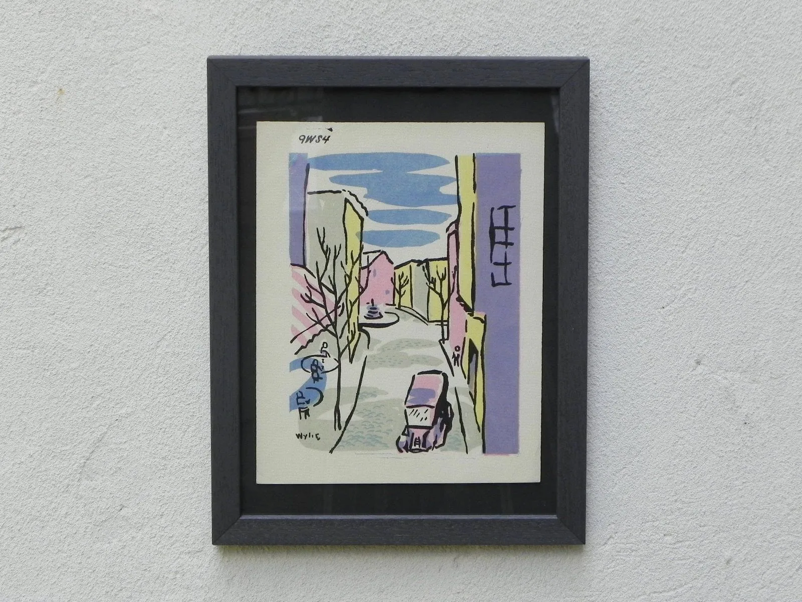 Mid-Century Lithograph by Wylie Newly Framed-Street Scene with Café, Back Fountain & Truck, Pastel Colors