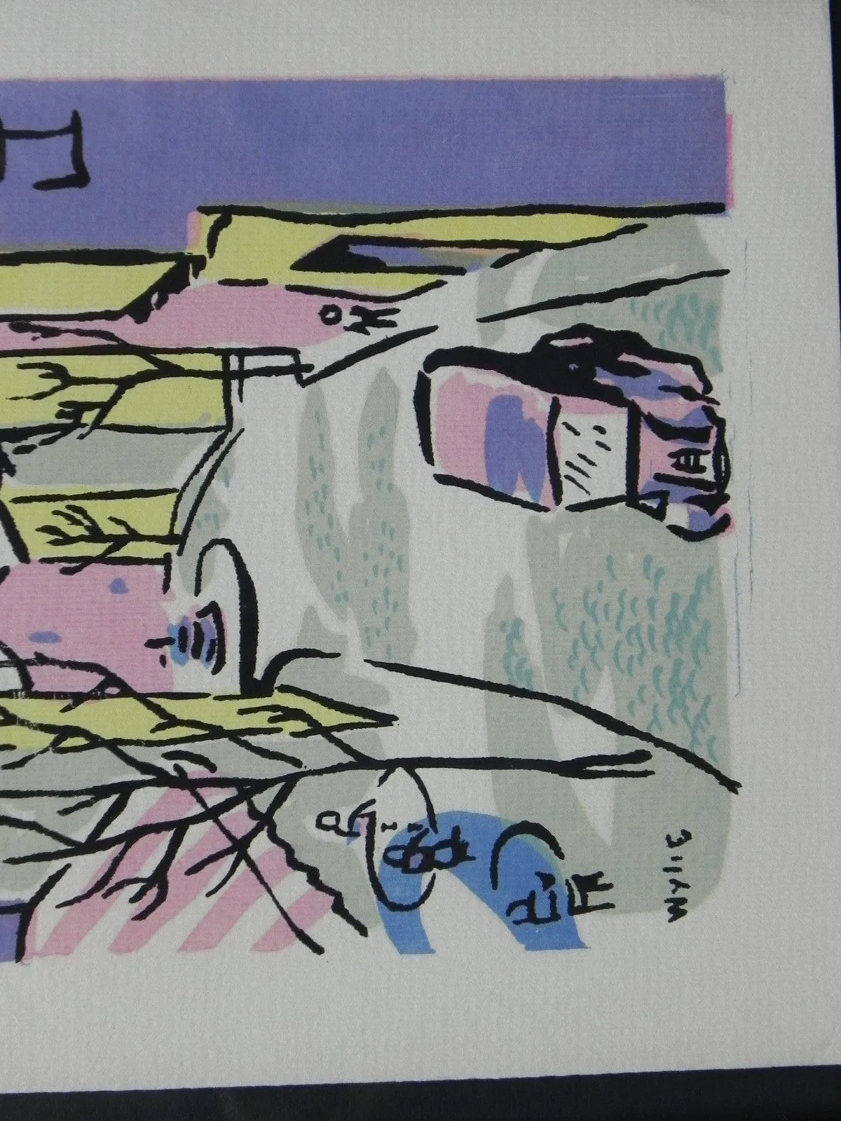 Mid-Century Lithograph by Wylie Newly Framed-Street Scene with Café, Back Fountain & Truck, Pastel Colors