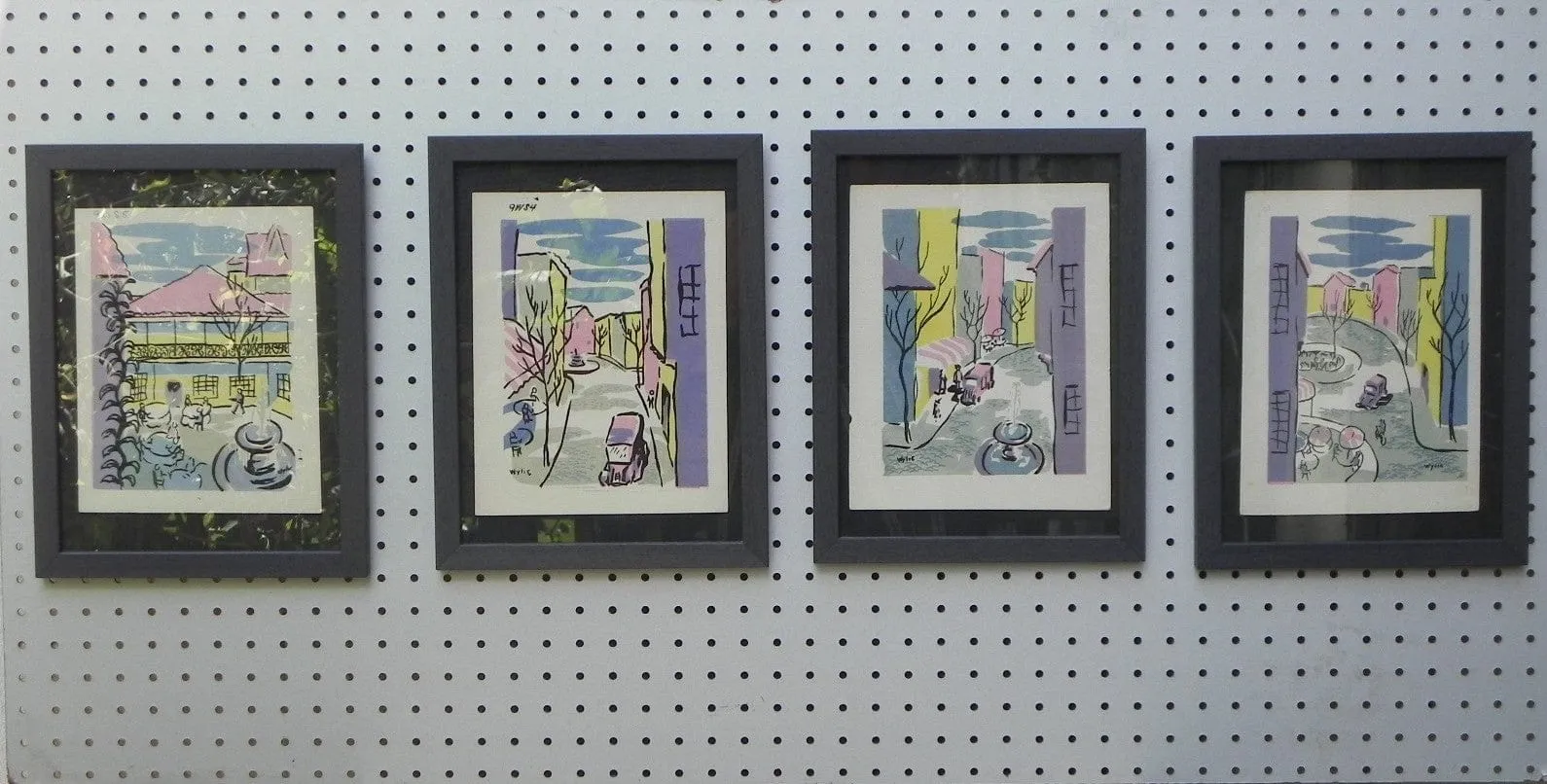 Mid-Century Lithograph by Wylie Newly Framed-Street Scene with Café, Back Fountain & Truck, Pastel Colors