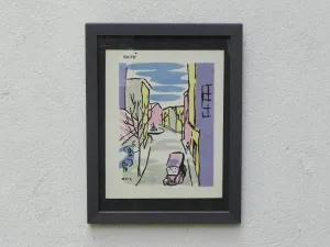 Mid-Century Lithograph by Wylie Newly Framed-Street Scene with Café, Back Fountain & Truck, Pastel Colors