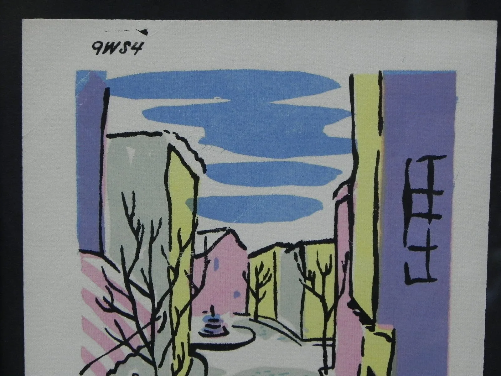 Mid-Century Lithograph by Wylie Newly Framed-Street Scene with Café, Back Fountain & Truck, Pastel Colors