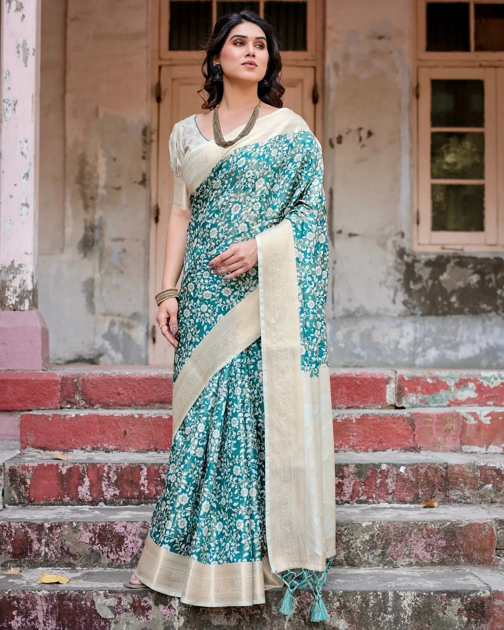 Teal and Cream Floral Banarasi Silk Saree with Zari Weave and Tassel-Accented Pallu