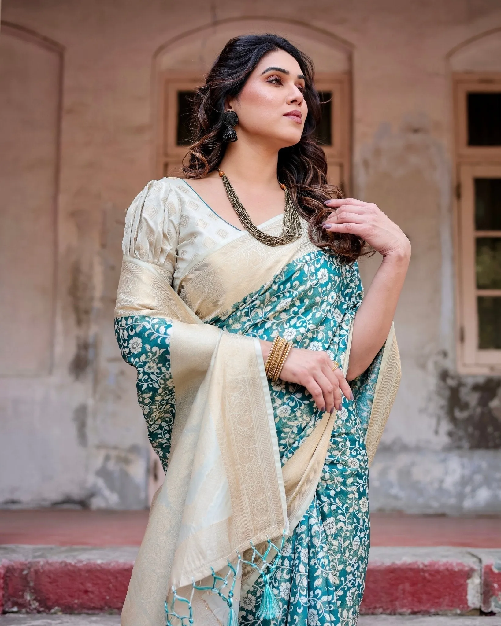 Teal and Cream Floral Banarasi Silk Saree with Zari Weave and Tassel-Accented Pallu