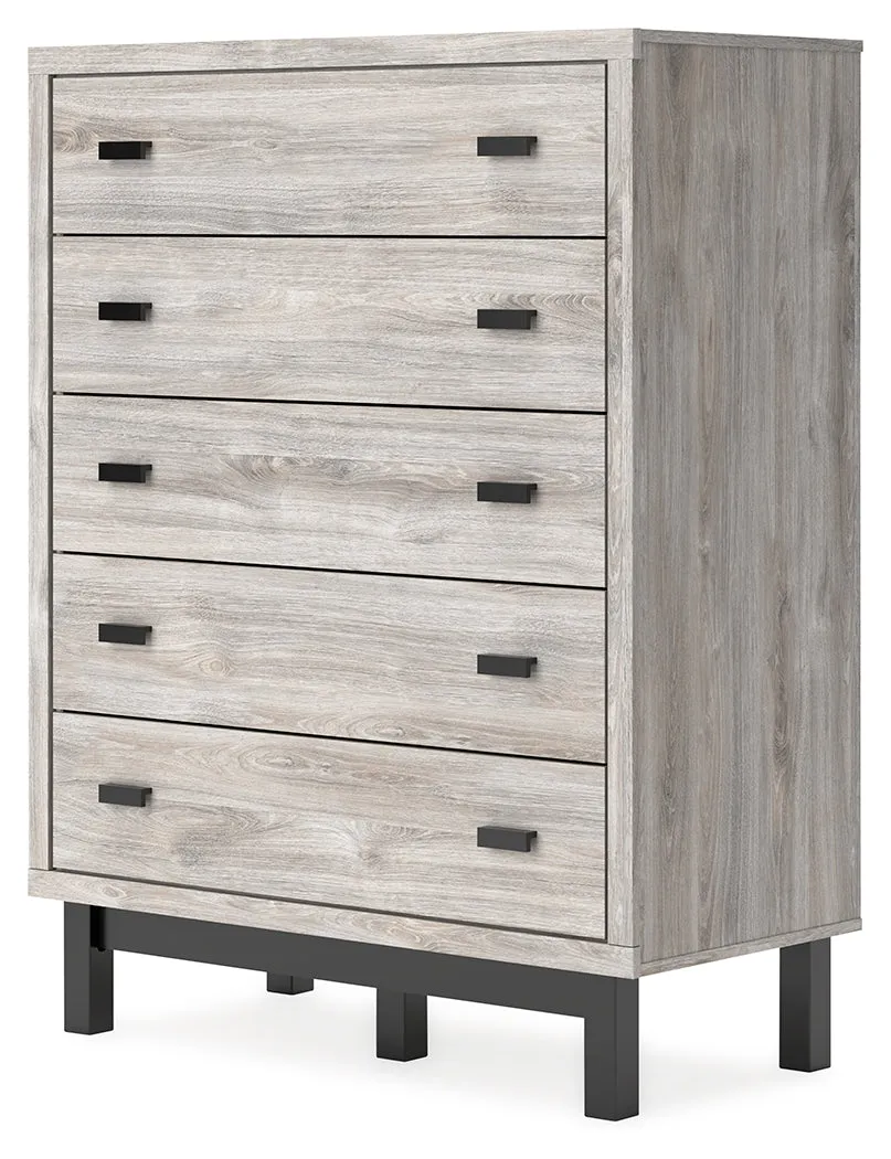Vessalli King Panel Bed with Mirrored Dresser and Chest in Gray